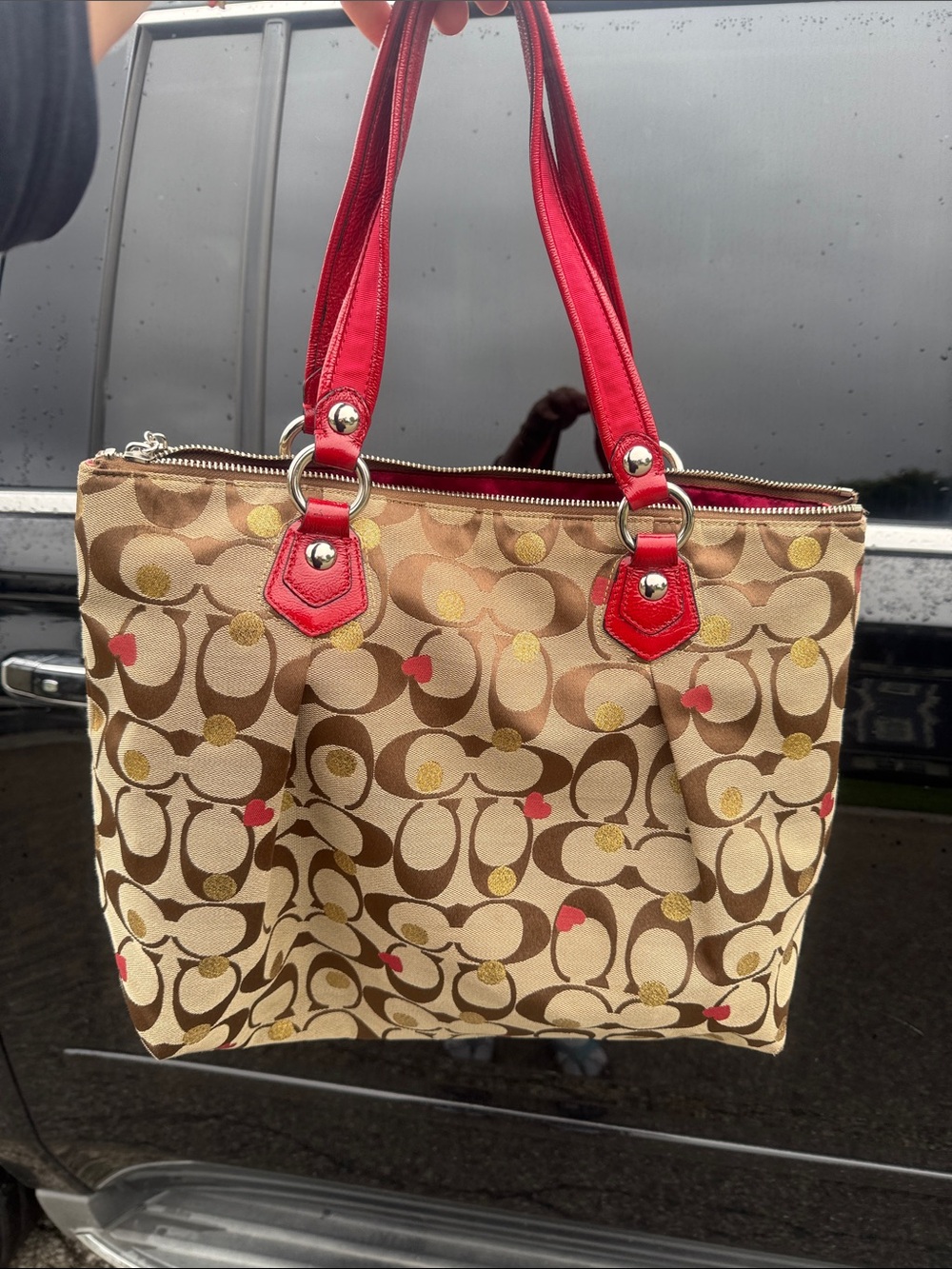 🌺❤️Coach Poppy Glam Tote 16289 Hearts Gold Dot Signature Canvas Red Leather Y2K🤎 - Picture 3 of 15